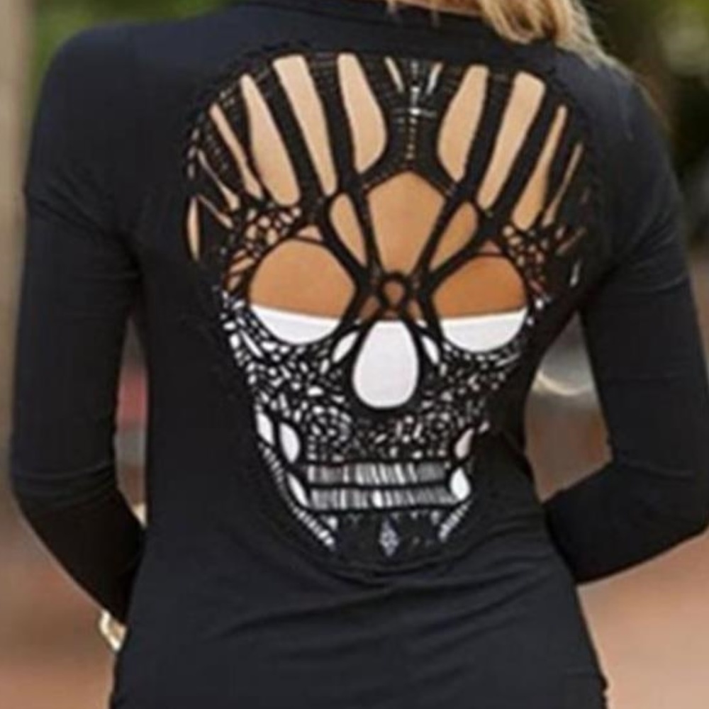 Sexy Black Lace Cut Out Cardigan - Skull on back - Picture 1 of 2